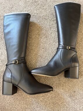 Michael Kors Black Leather Knee-High Block Heel Boots